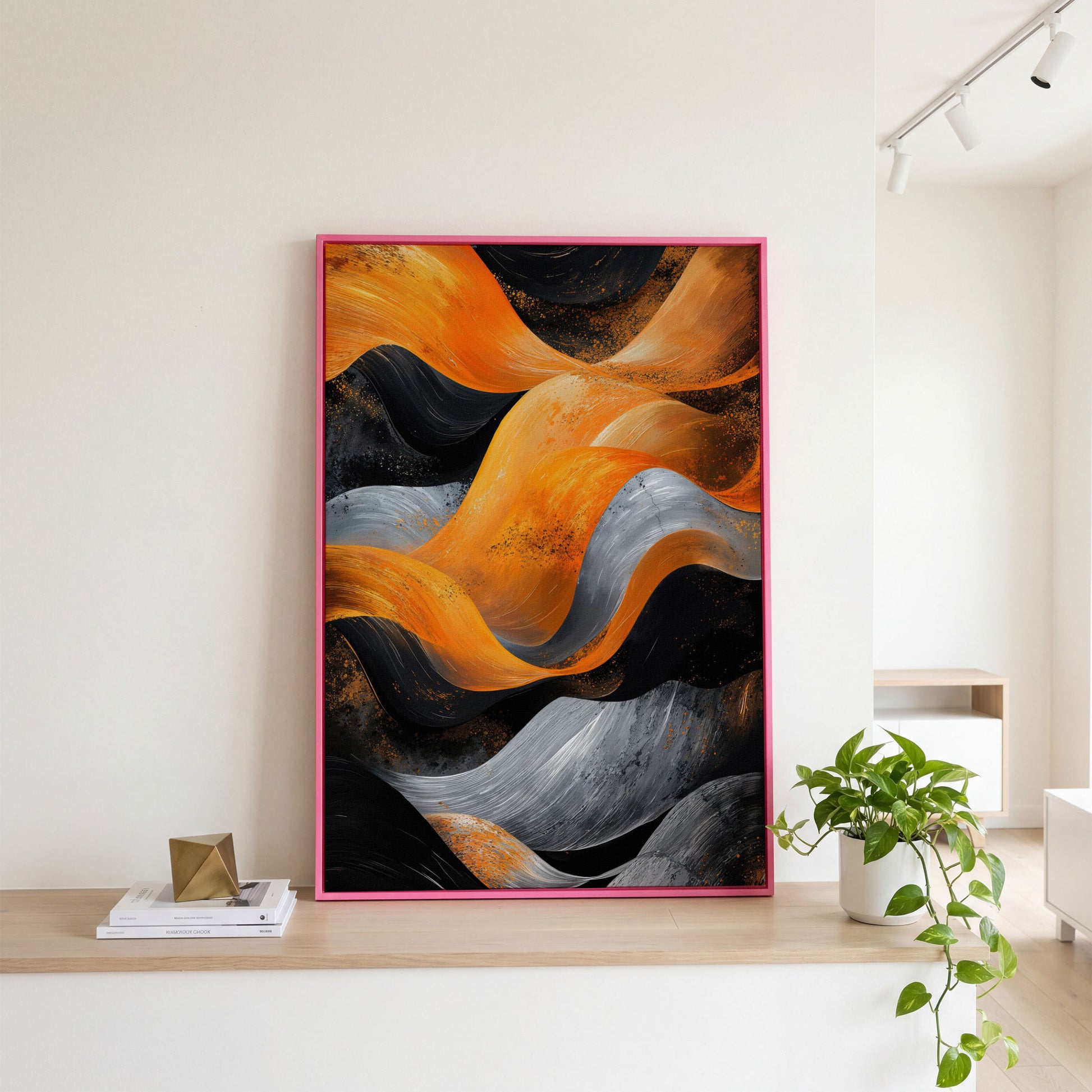 Abstract Waves in Burnt Orange and Charcoal Canvas in pink floating frame