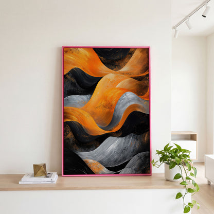 Abstract Waves in Burnt Orange and Charcoal Canvas in pink floating frame