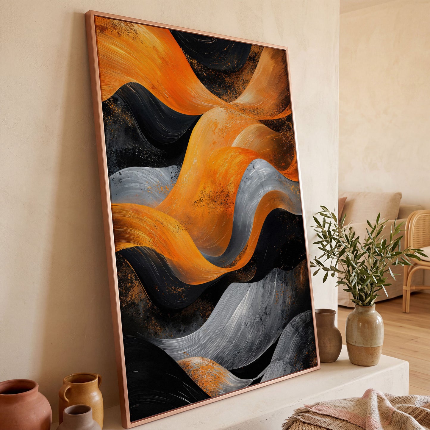Abstract Waves in Burnt Orange and Charcoal Canvas in rose gold floating frame