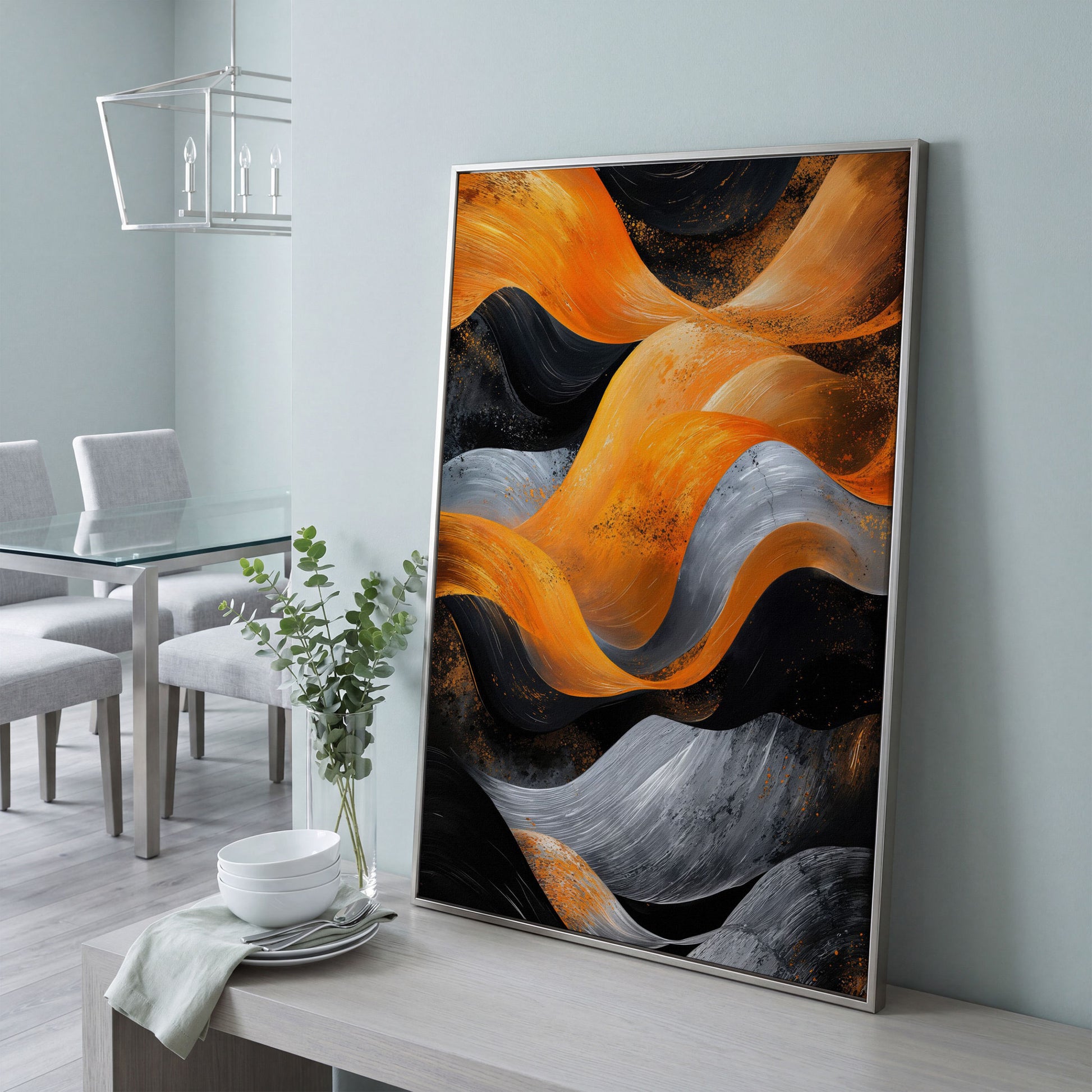 Abstract Waves in Burnt Orange and Charcoal Canvas in silver floating frame