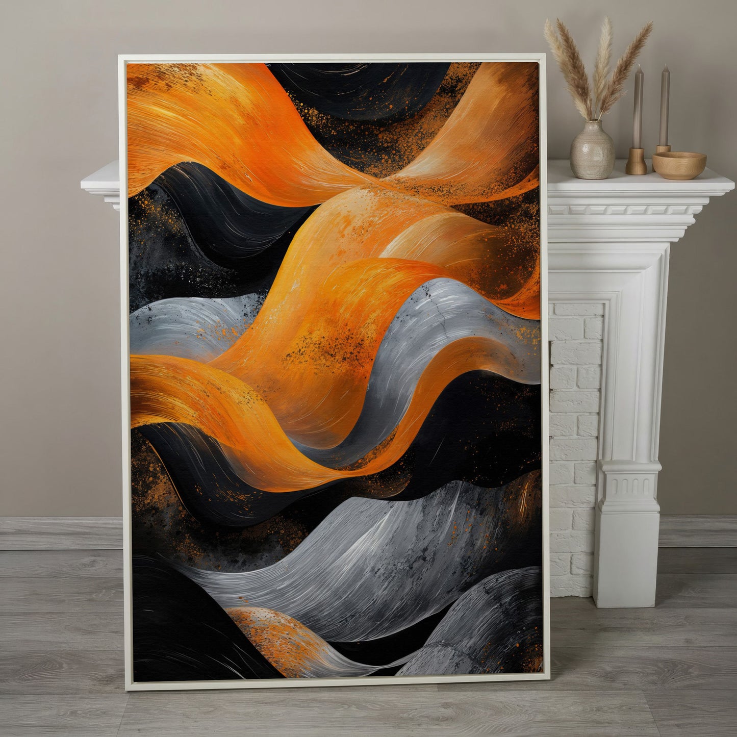Abstract Waves in Burnt Orange and Charcoal Canvas in white floating frame