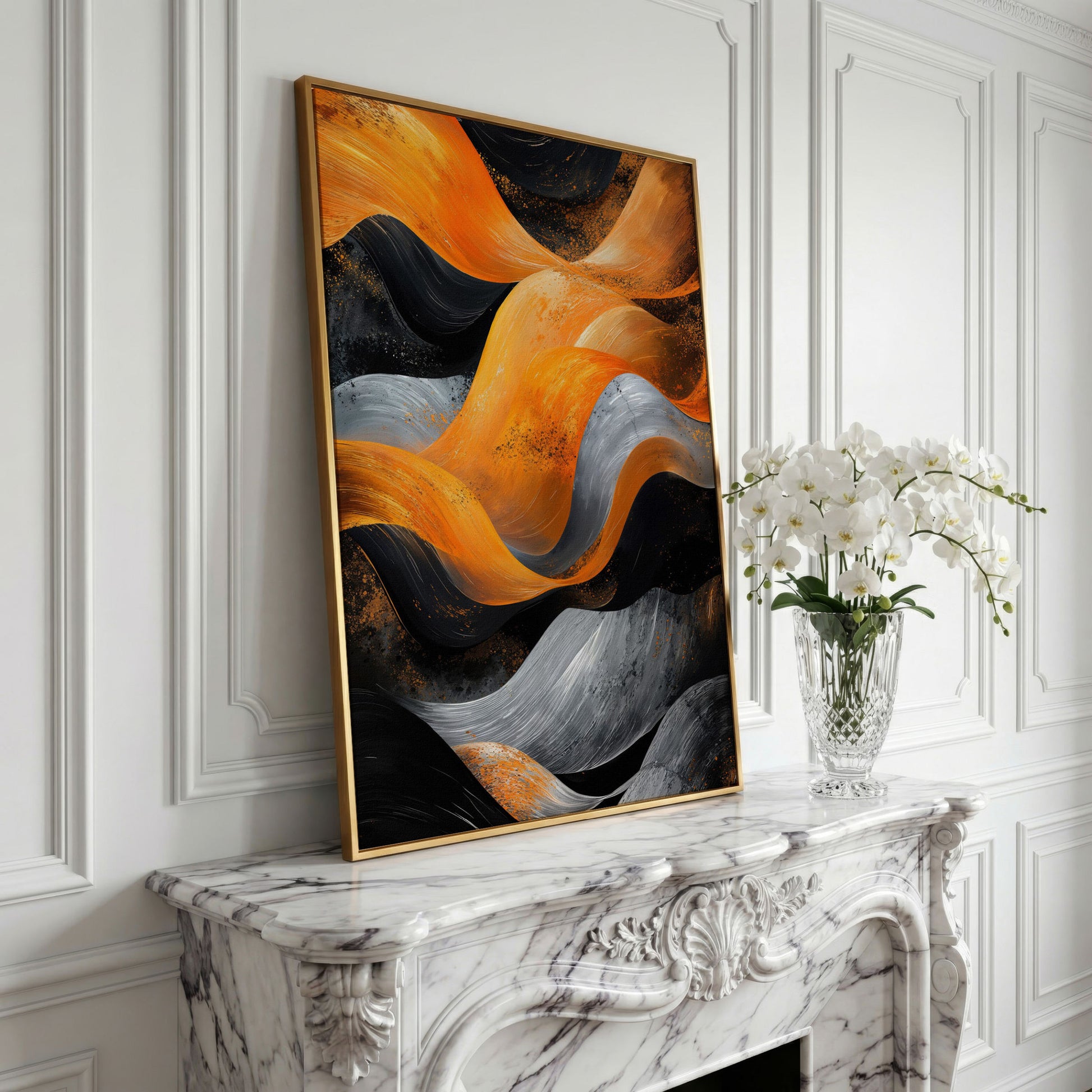 Abstract Waves in Burnt Orange and Charcoal Canvas in yellow gold floating frame