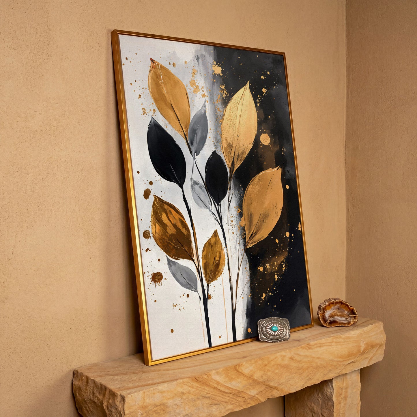 Abstract Leaf Canvas Print in Black, White & Gold in antique gold floating frame