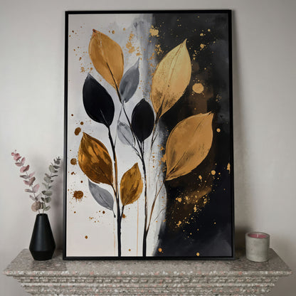 Abstract Leaf Canvas Print in Black, White & Gold in black floating frame