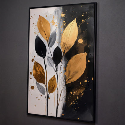 Abstract Leaf Canvas Print in Black, White & Gold shown in black floating frame