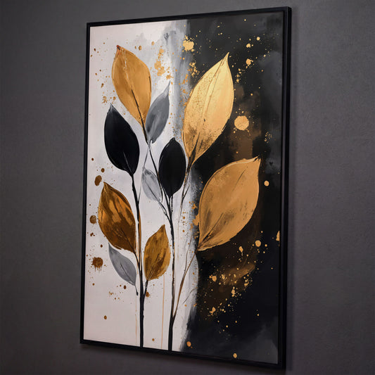 Abstract Leaf Canvas Print in Black, White & Gold shown in black floating frame