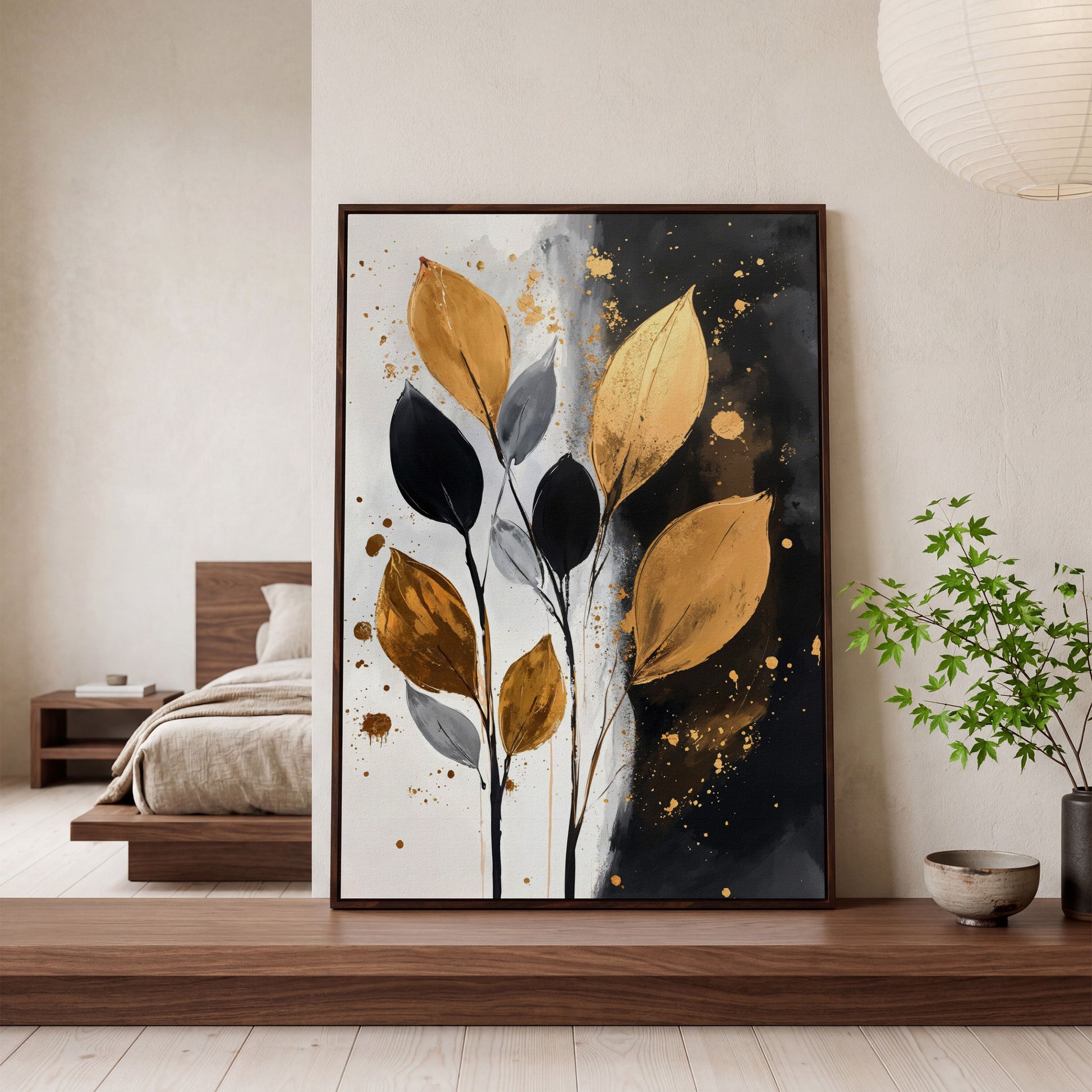 Abstract Leaf Canvas Print in Black, White & Gold in dark walnut floating frame