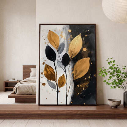 Abstract Leaf Canvas Print in Black, White & Gold in dark walnut floating frame