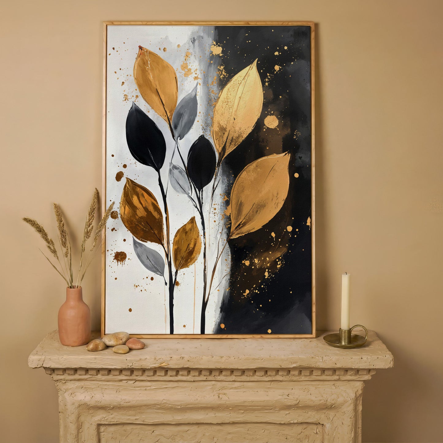 Abstract Leaf Canvas Print in Black, White & Gold in white oak floating frame