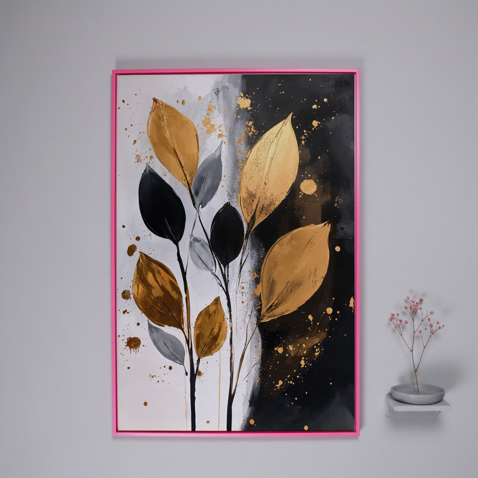 Abstract Leaf Canvas Print in Black, White & Gold in pink floating frame