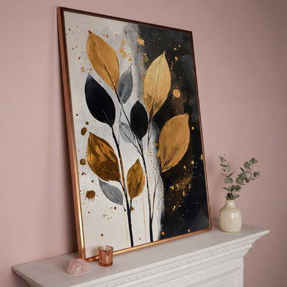 Abstract Leaf Canvas Print in Black, White & Gold in rose gold floating frame