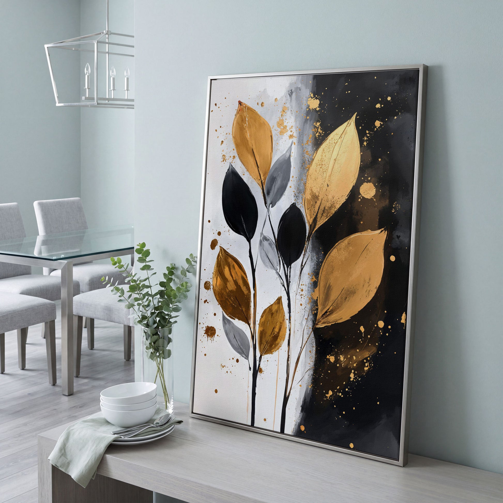 Abstract Leaf Canvas Print in Black, White & Gold in silver floating frame