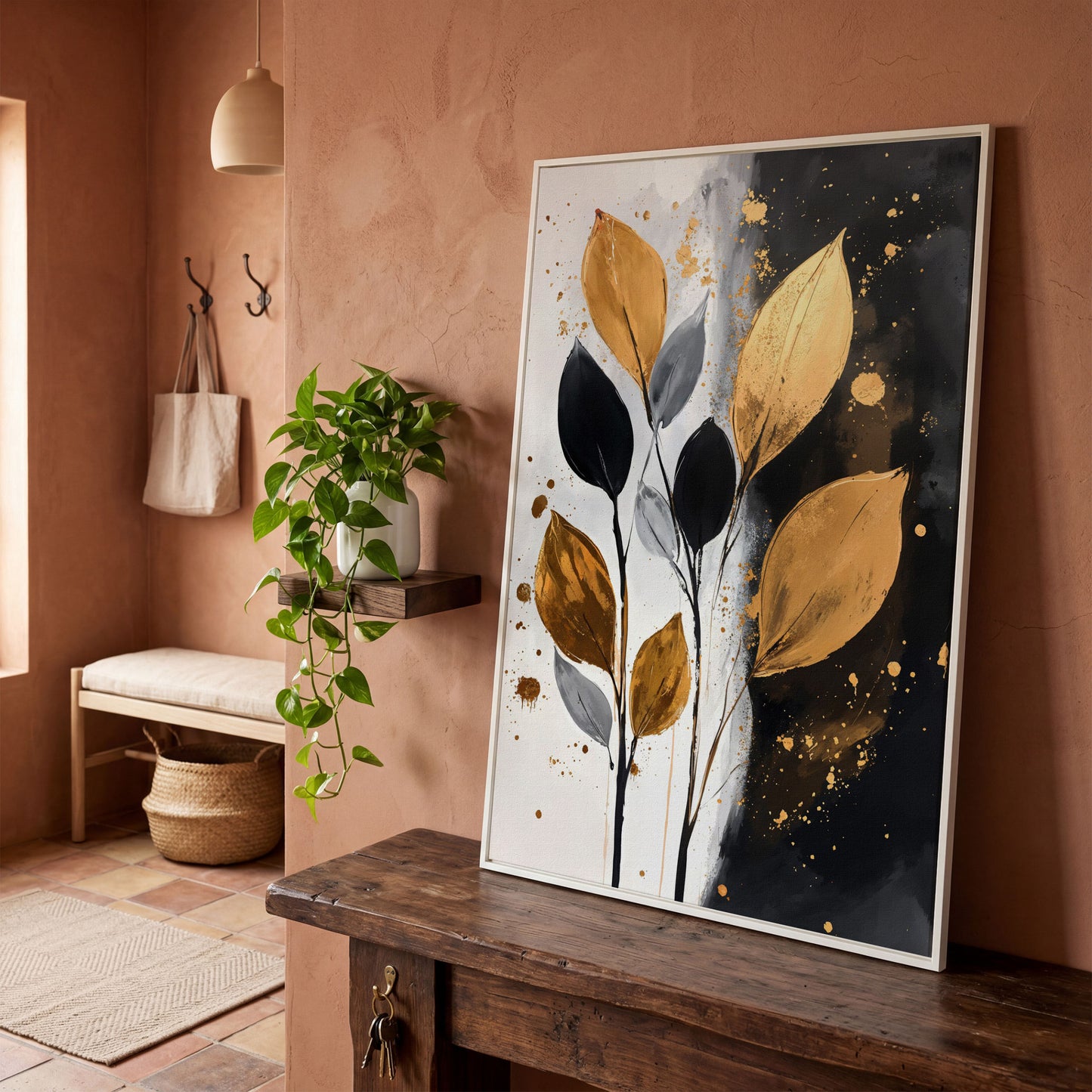 Abstract Leaf Canvas Print in Black, White & Gold in white floating frame