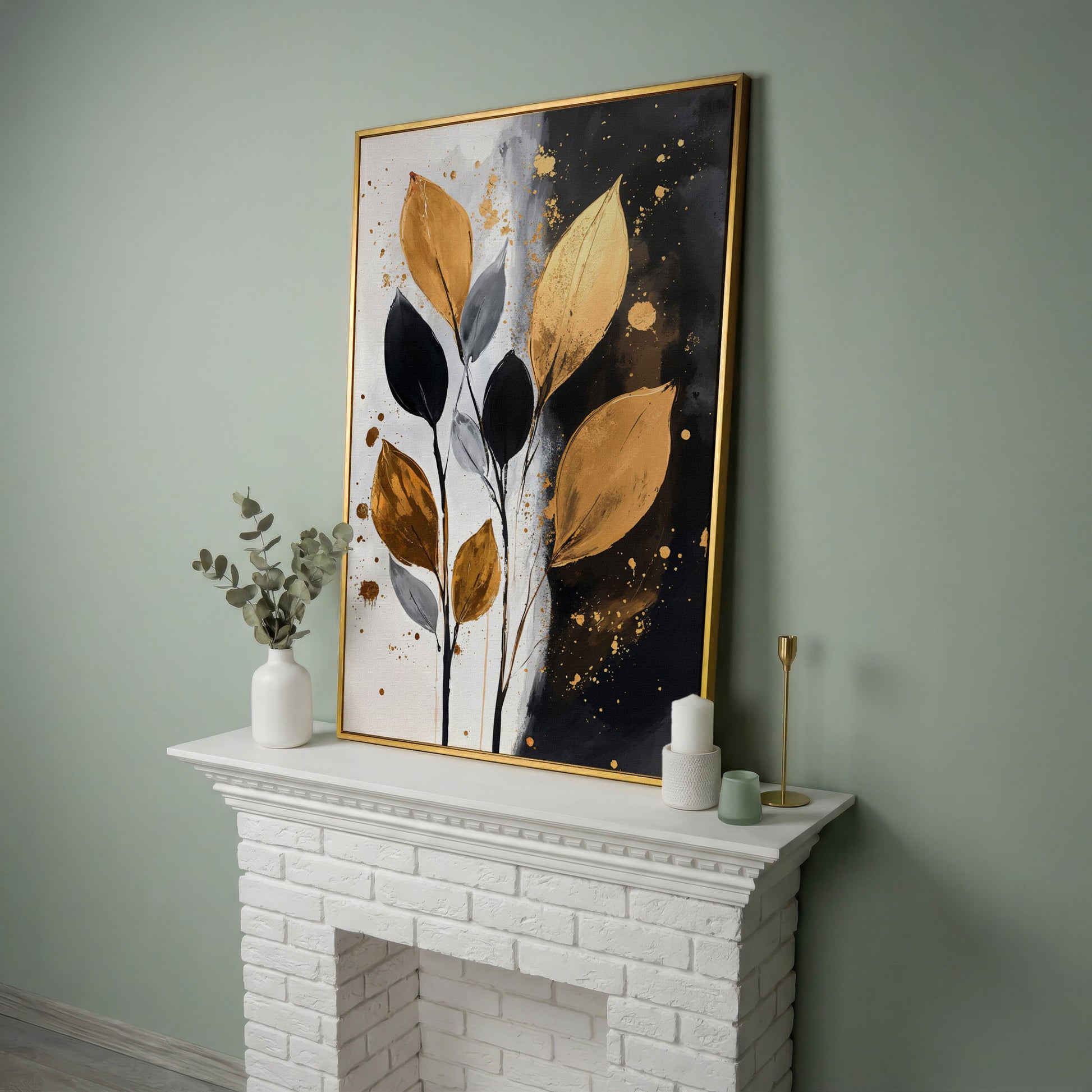 Abstract Leaf Canvas Print in Black, White & Gold in yellow gold floating frame