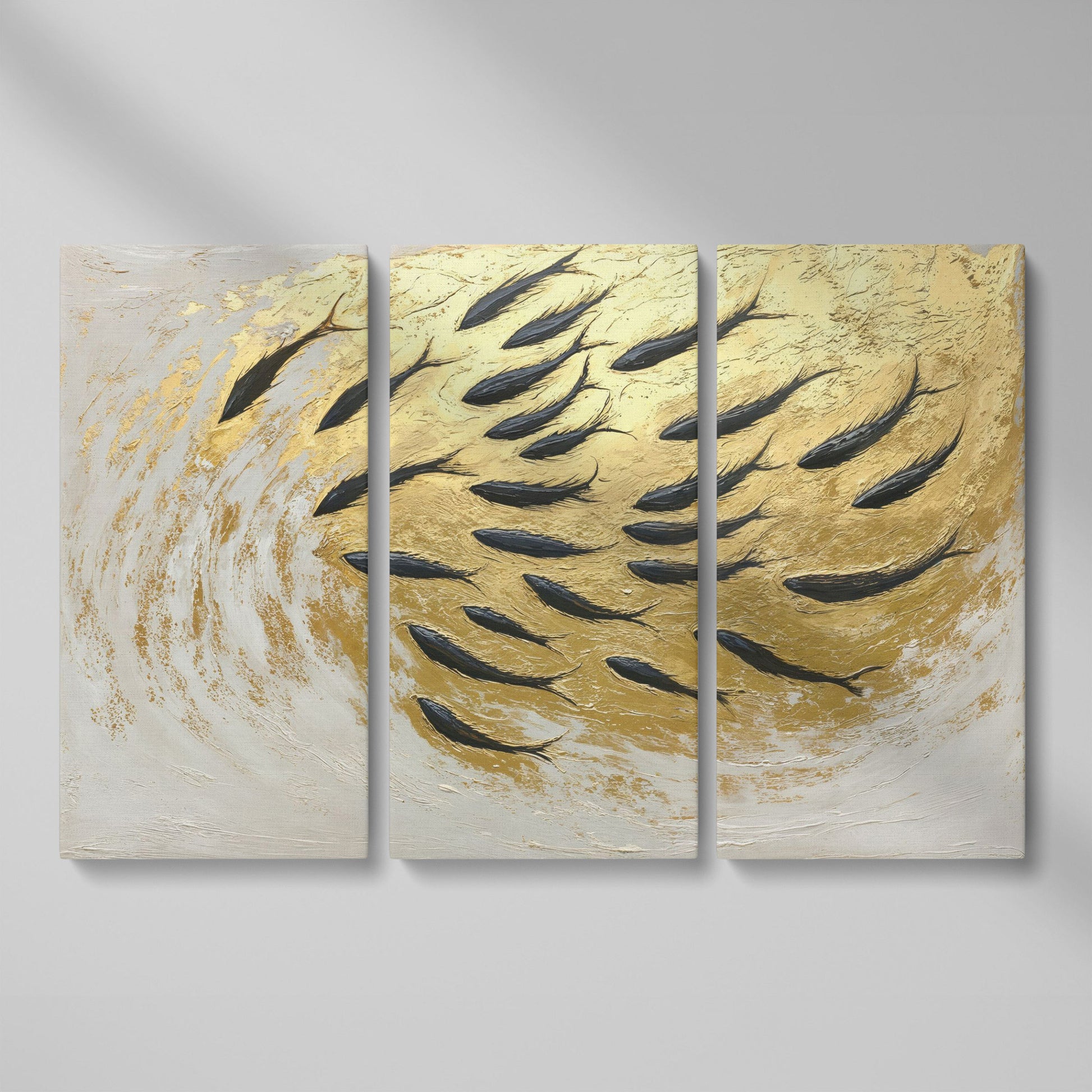 Abstract Marine Life Canvas Print with Gold Swirls as 3-panel split version