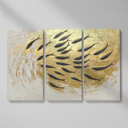 Abstract Marine Life Canvas Print with Gold Swirls as 3-panel split version