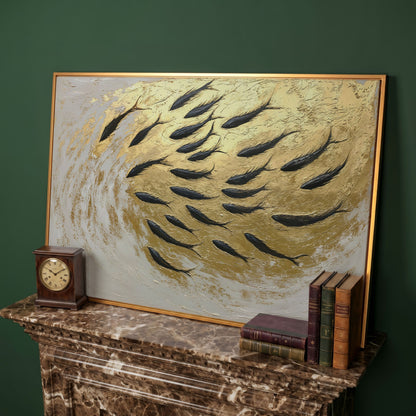 Abstract Marine Life Canvas Print with Gold Swirls in antique gold floating frame