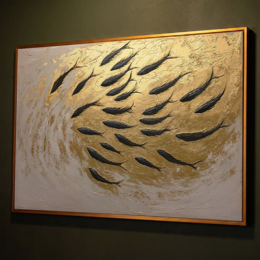 Abstract Marine Life Canvas Print with Gold Swirls shown in antique gold floating frame