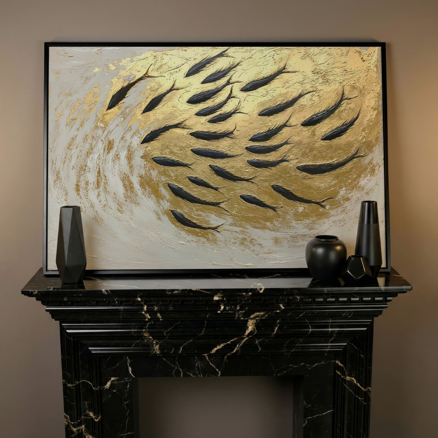 Abstract Marine Life Canvas Print with Gold Swirls in black floating frame