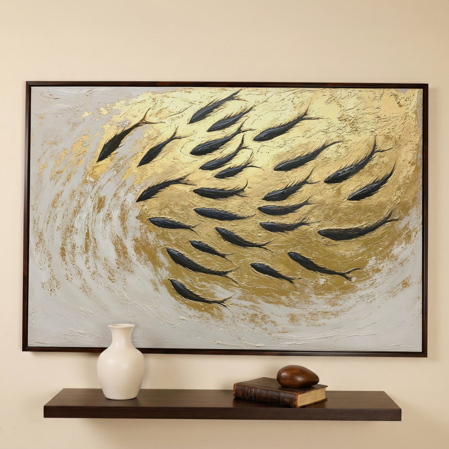 Abstract Marine Life Canvas Print with Gold Swirls in dark walnut floating frame