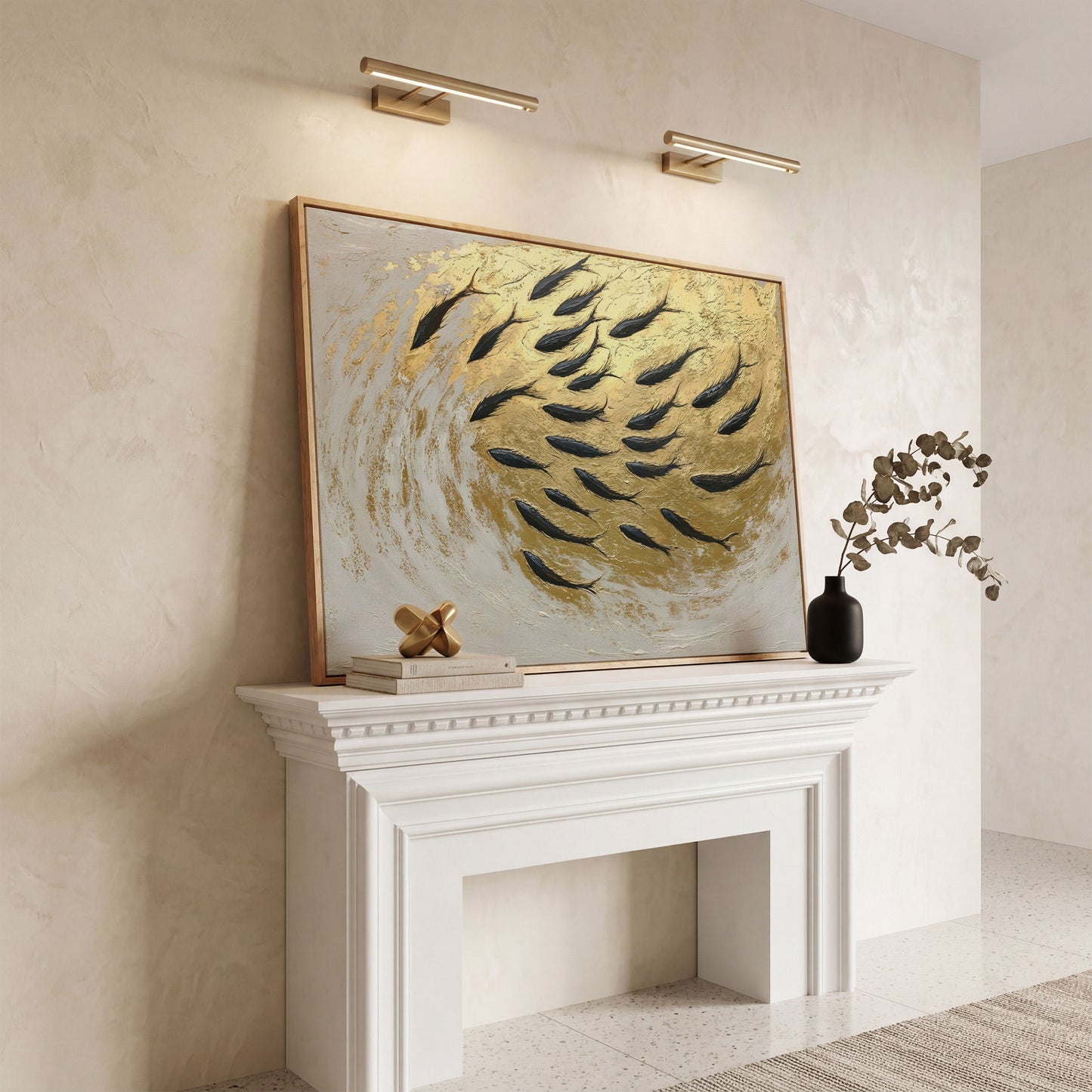 Abstract Marine Life Canvas Print with Gold Swirls in white oak floating frame