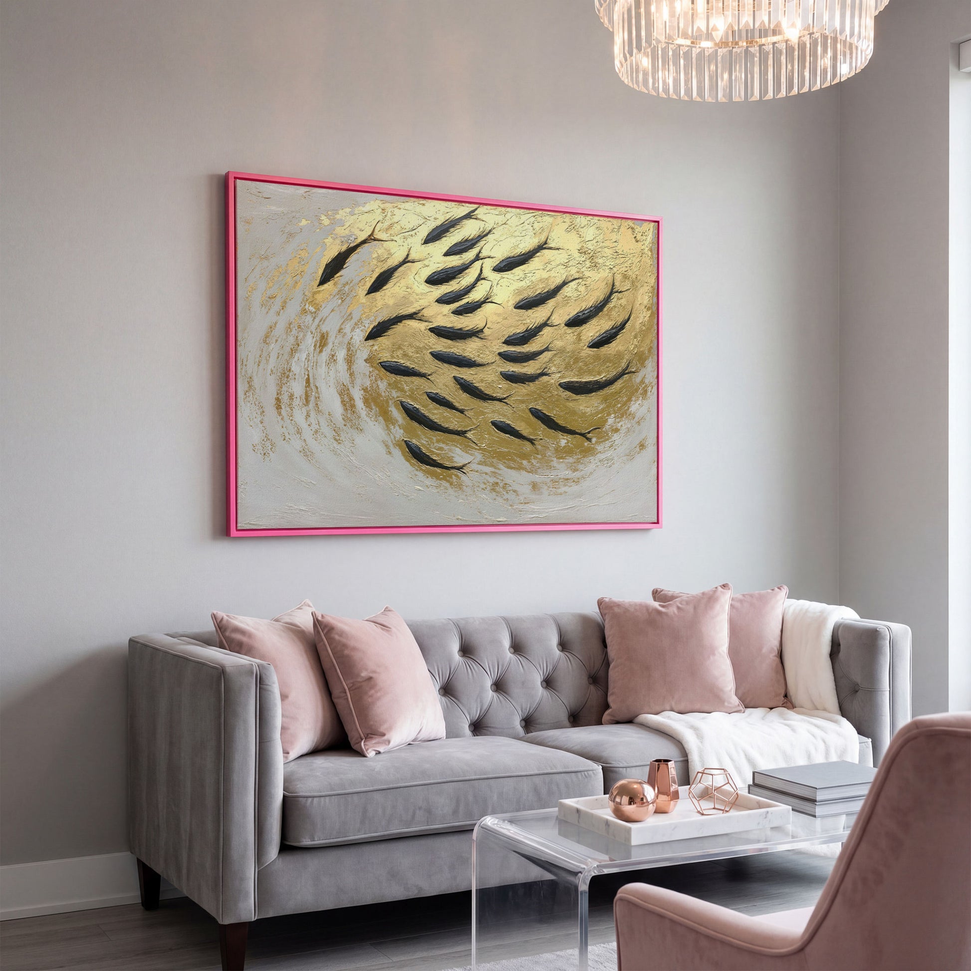 Abstract Marine Life Canvas Print with Gold Swirls in pink floating frame