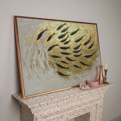 Abstract Marine Life Canvas Print with Gold Swirls in rose gold floating frame