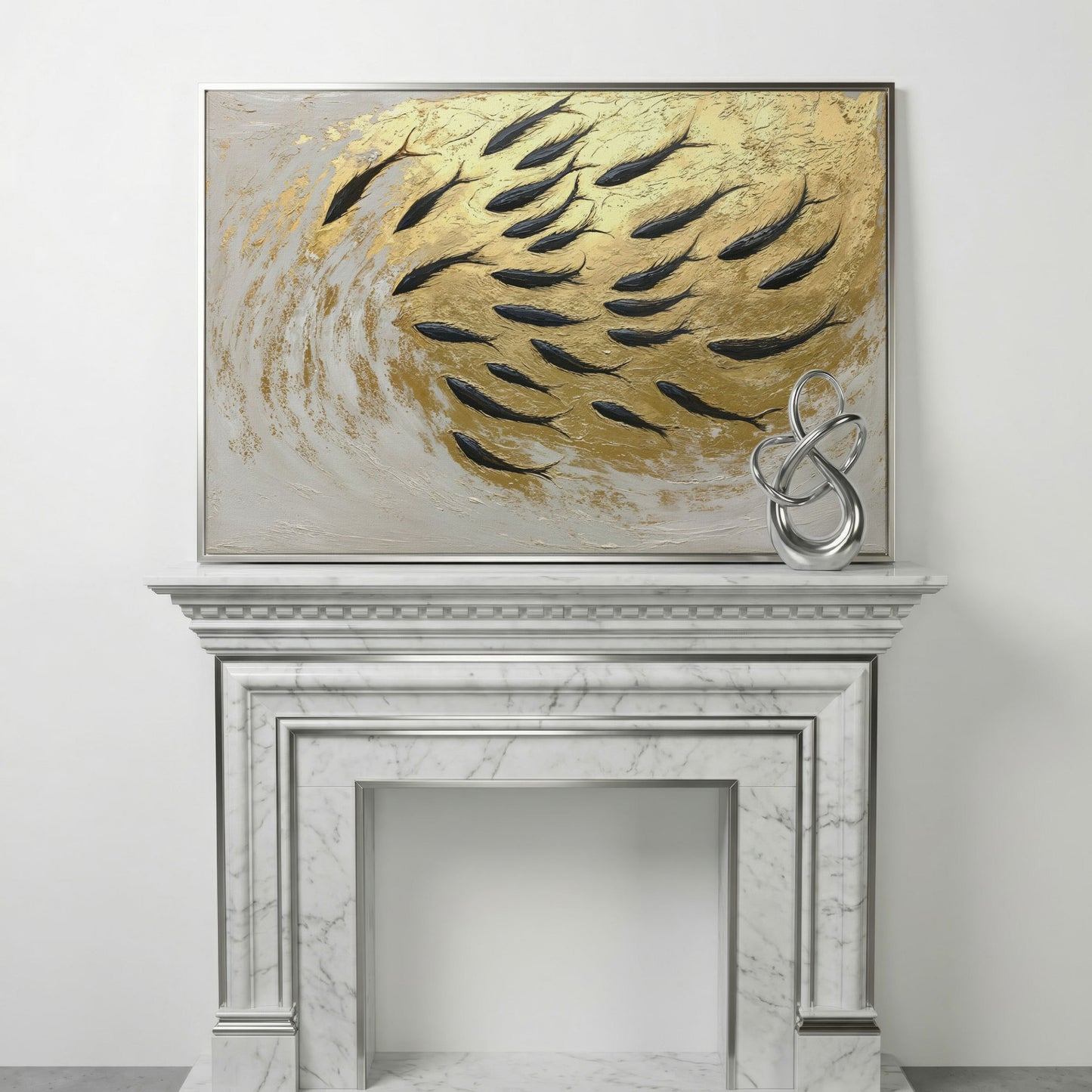 Abstract Marine Life Canvas Print with Gold Swirls in silver floating frame