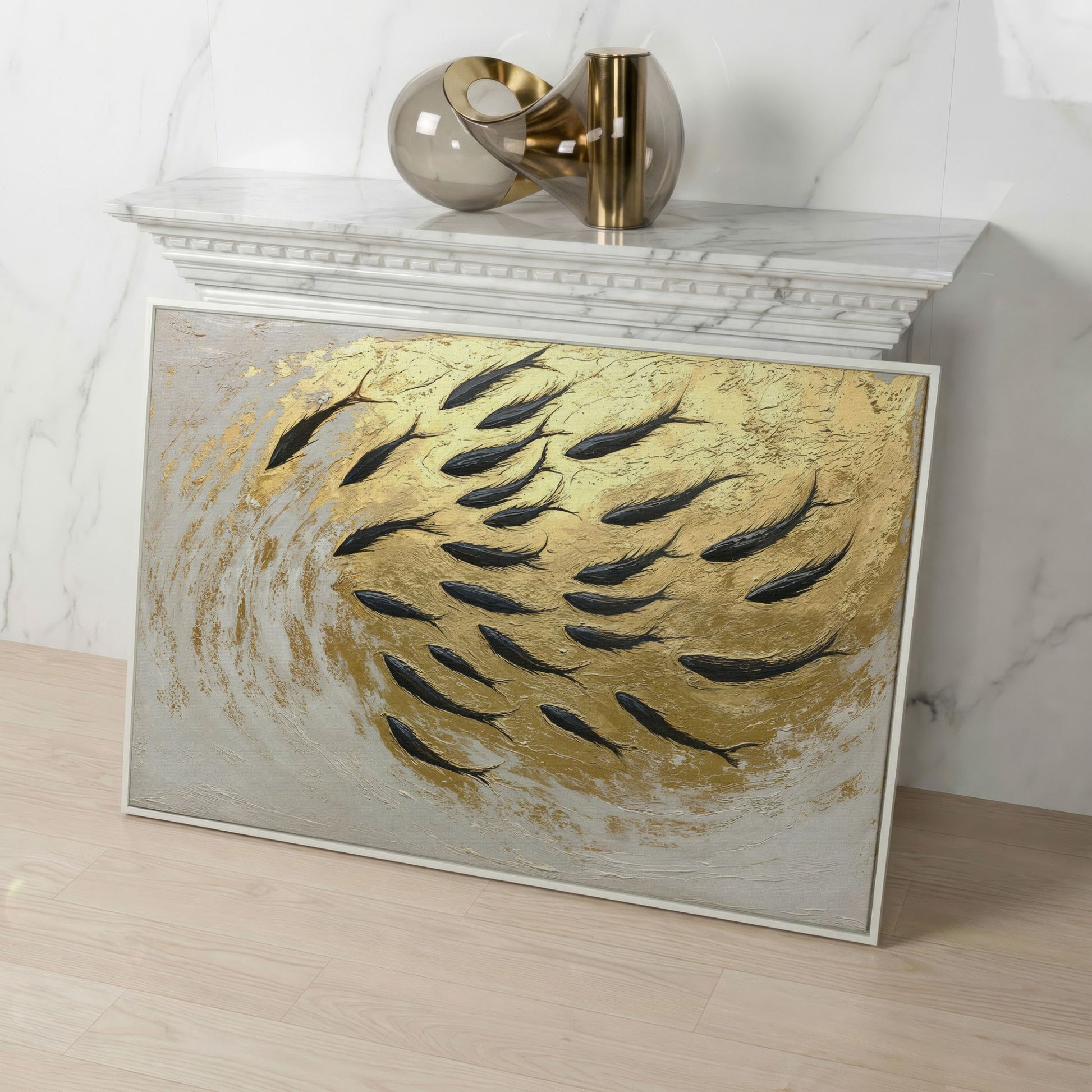 Abstract Marine Life Canvas Print with Gold Swirls in white floating frame