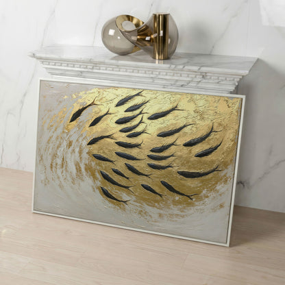 Abstract Marine Life Canvas Print with Gold Swirls in white floating frame