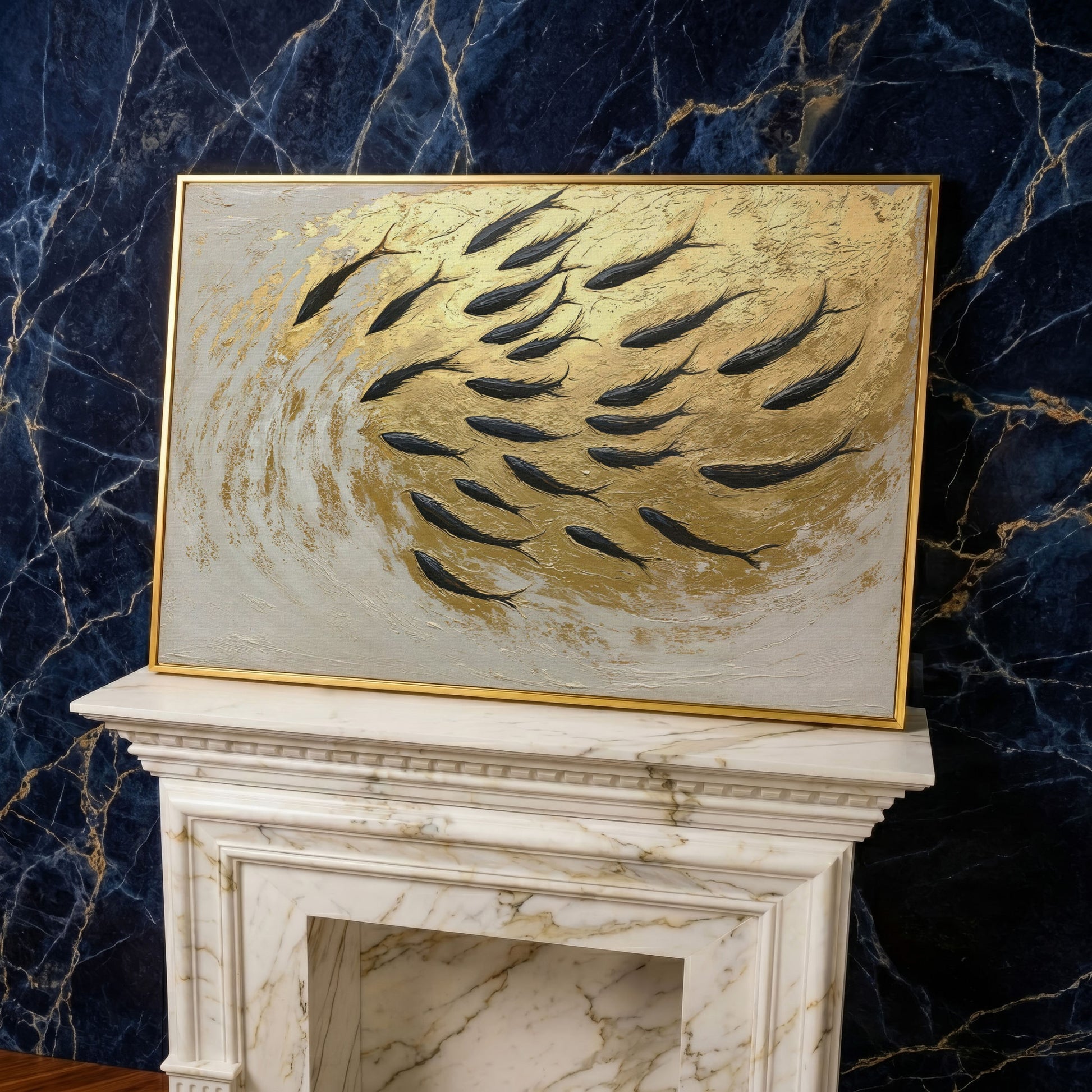 Abstract Marine Life Canvas Print with Gold Swirls in yellow gold floating frame