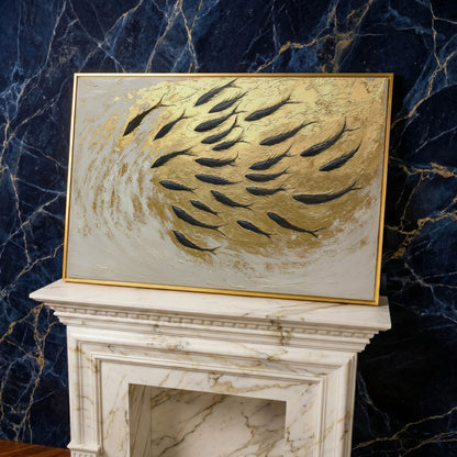 Abstract Marine Life Canvas Print with Gold Swirls in yellow gold floating frame