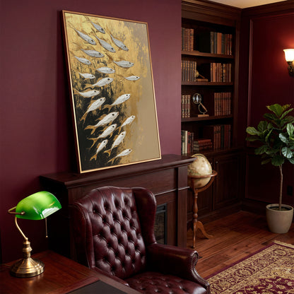 School of Fish Canvas Print in Gold and Black in antique gold floating frame