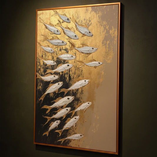 School of Fish Canvas Print in Gold and Black shown in antique gold floating frame