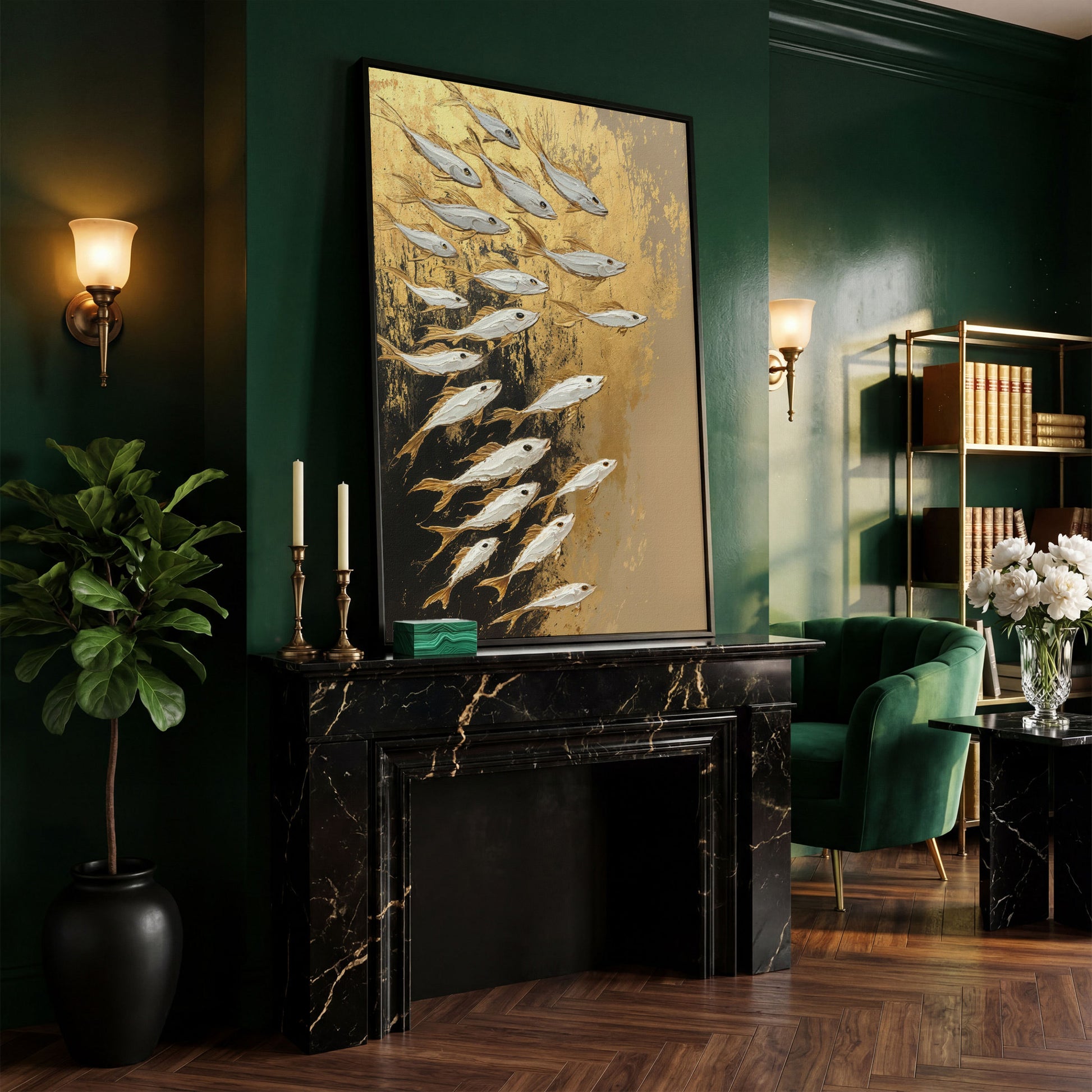 School of Fish Canvas Print in Gold and Black in black floating frame
