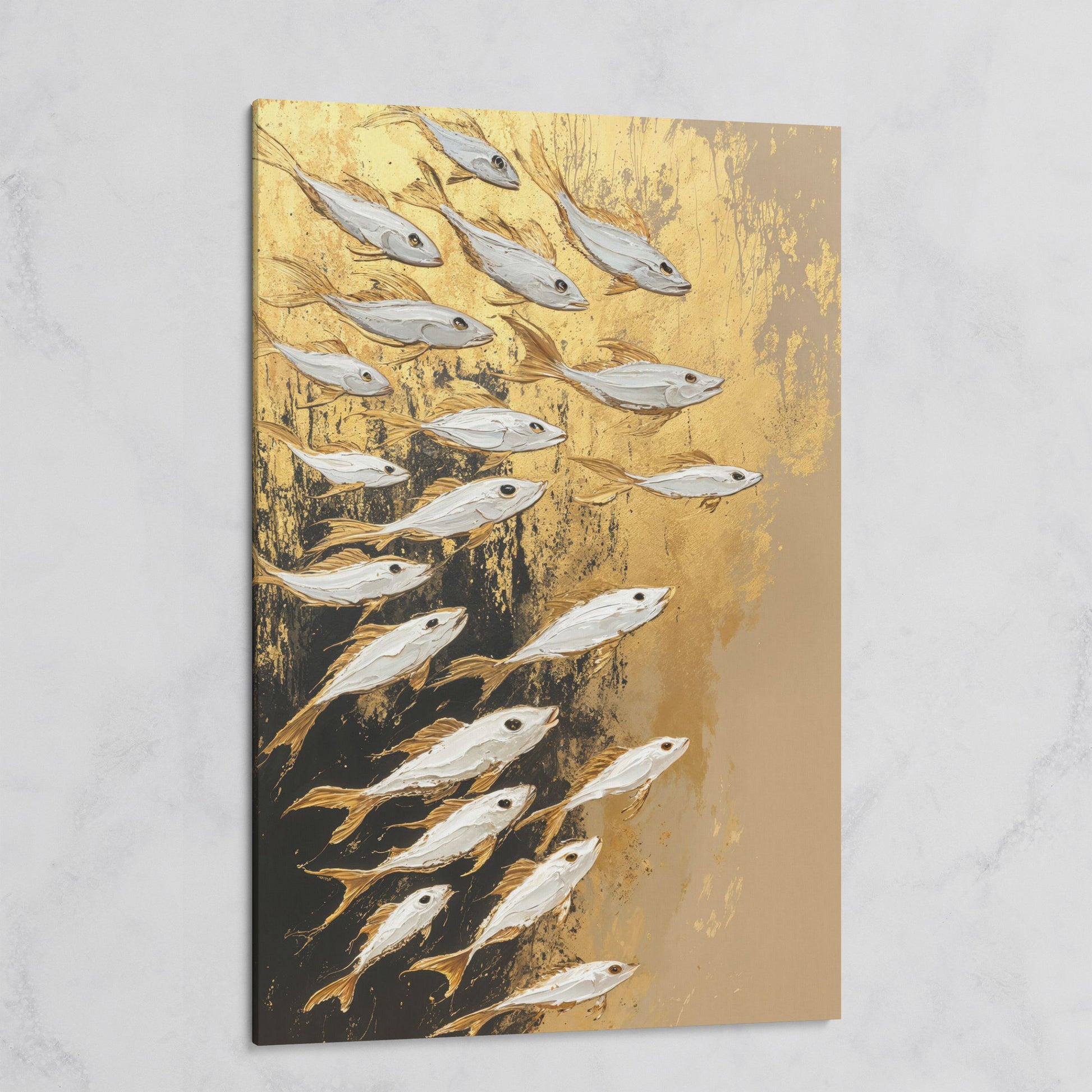 School of Fish Canvas Print in Gold and Black on gallery wrap