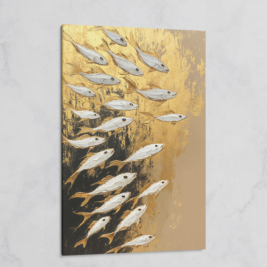 School of Fish Canvas Print in Gold and Black on gallery wrap