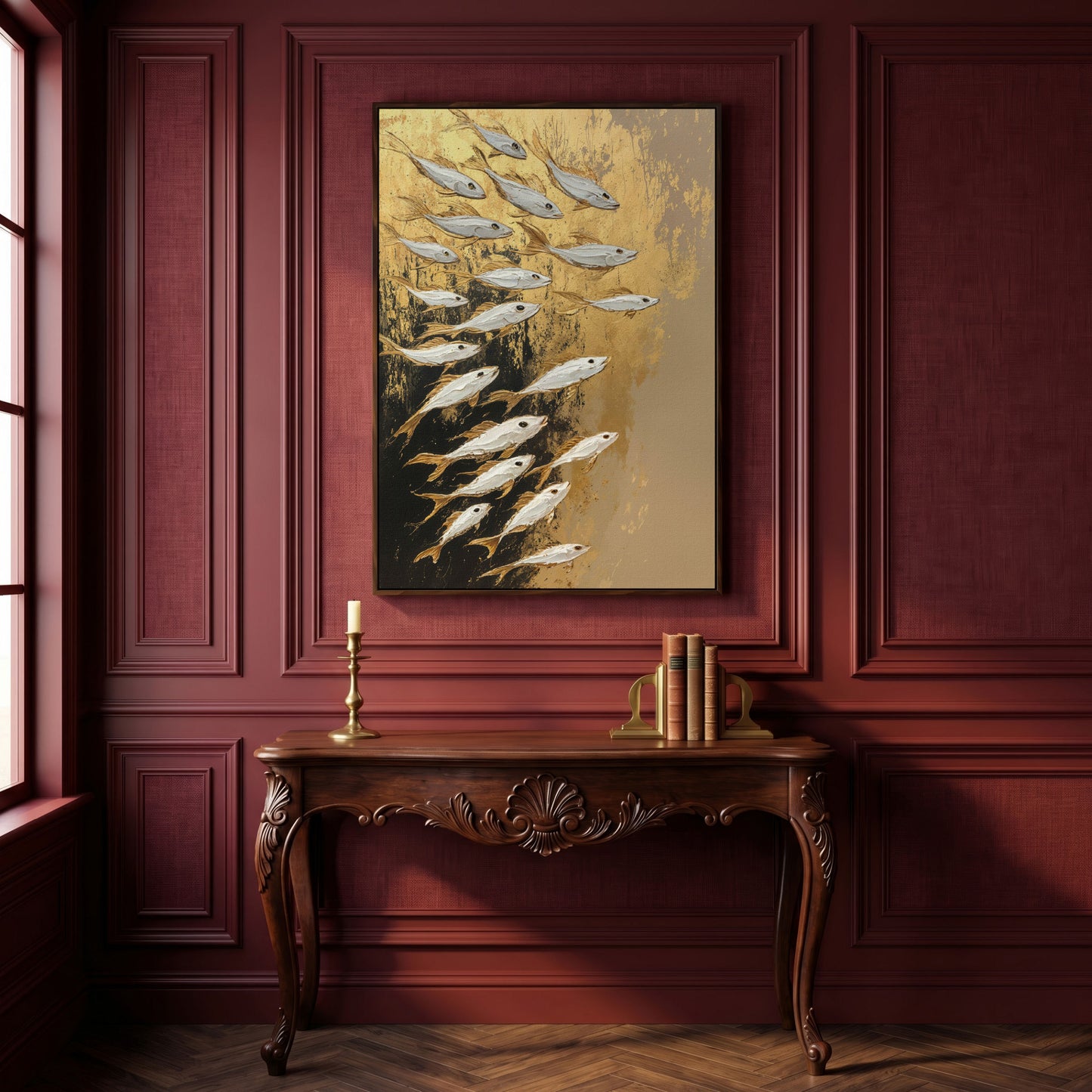 School of Fish Canvas Print in Gold and Black in dark walnut floating frame