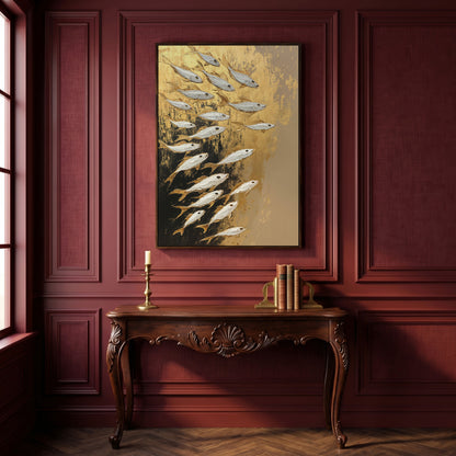 School of Fish Canvas Print in Gold and Black in dark walnut floating frame