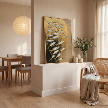 School of Fish Canvas Print in Gold and Black in white oak floating frame