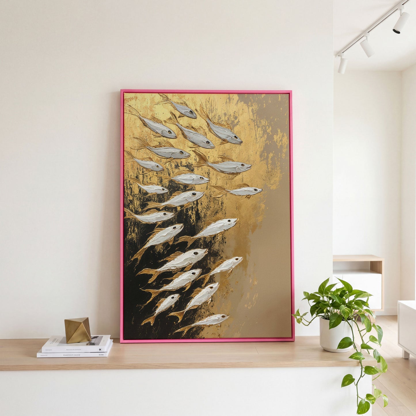 School of Fish Canvas Print in Gold and Black in pink floating frame