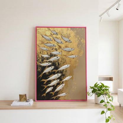 School of Fish Canvas Print in Gold and Black in pink floating frame