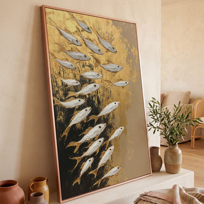 School of Fish Canvas Print in Gold and Black in rose gold floating frame