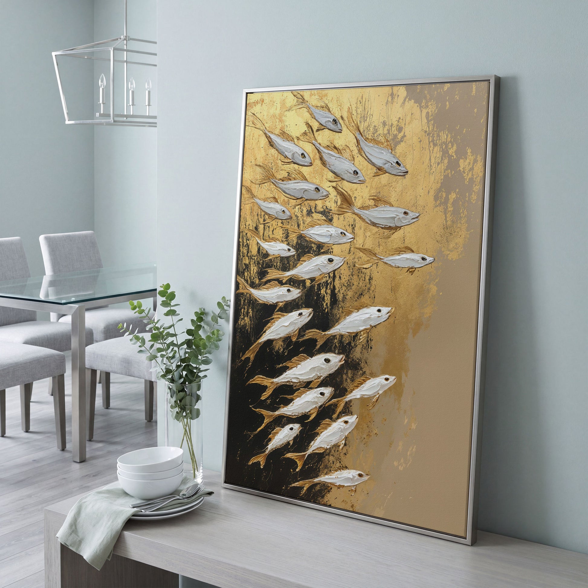 School of Fish Canvas Print in Gold and Black in silver floating frame