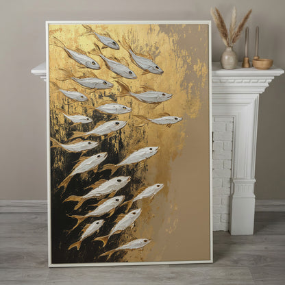 School of Fish Canvas Print in Gold and Black in white floating frame