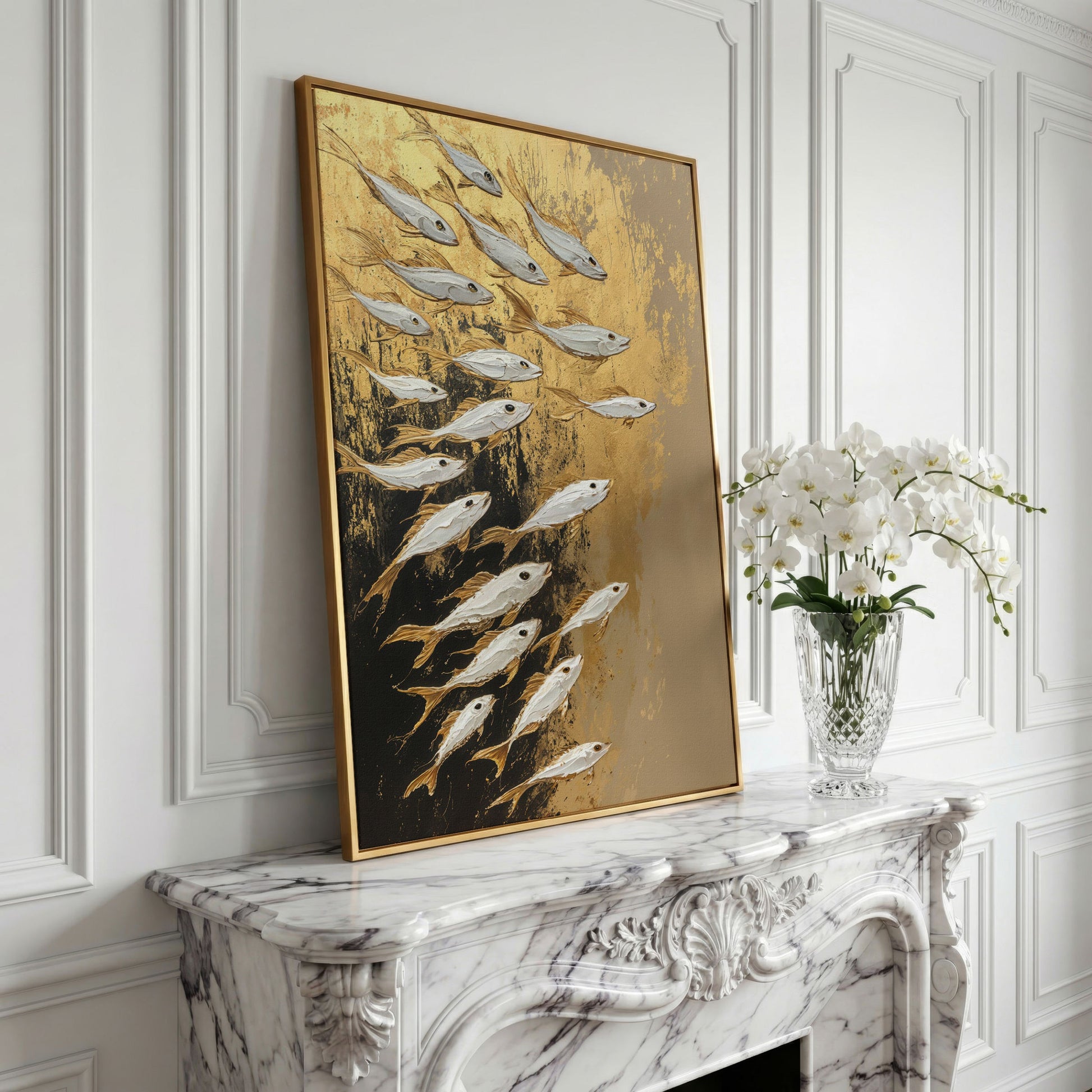 School of Fish Canvas Print in Gold and Black in yellow gold floating frame