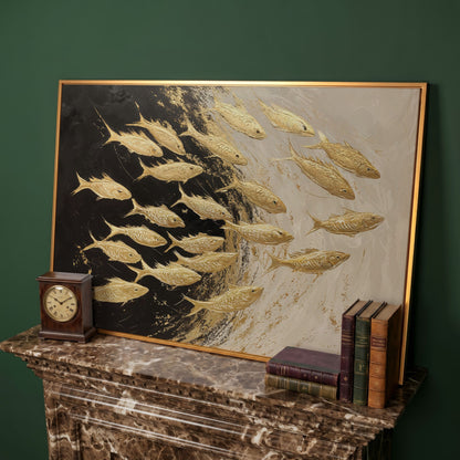 Abstract Gold Fish Canvas Print in antique gold floating frame