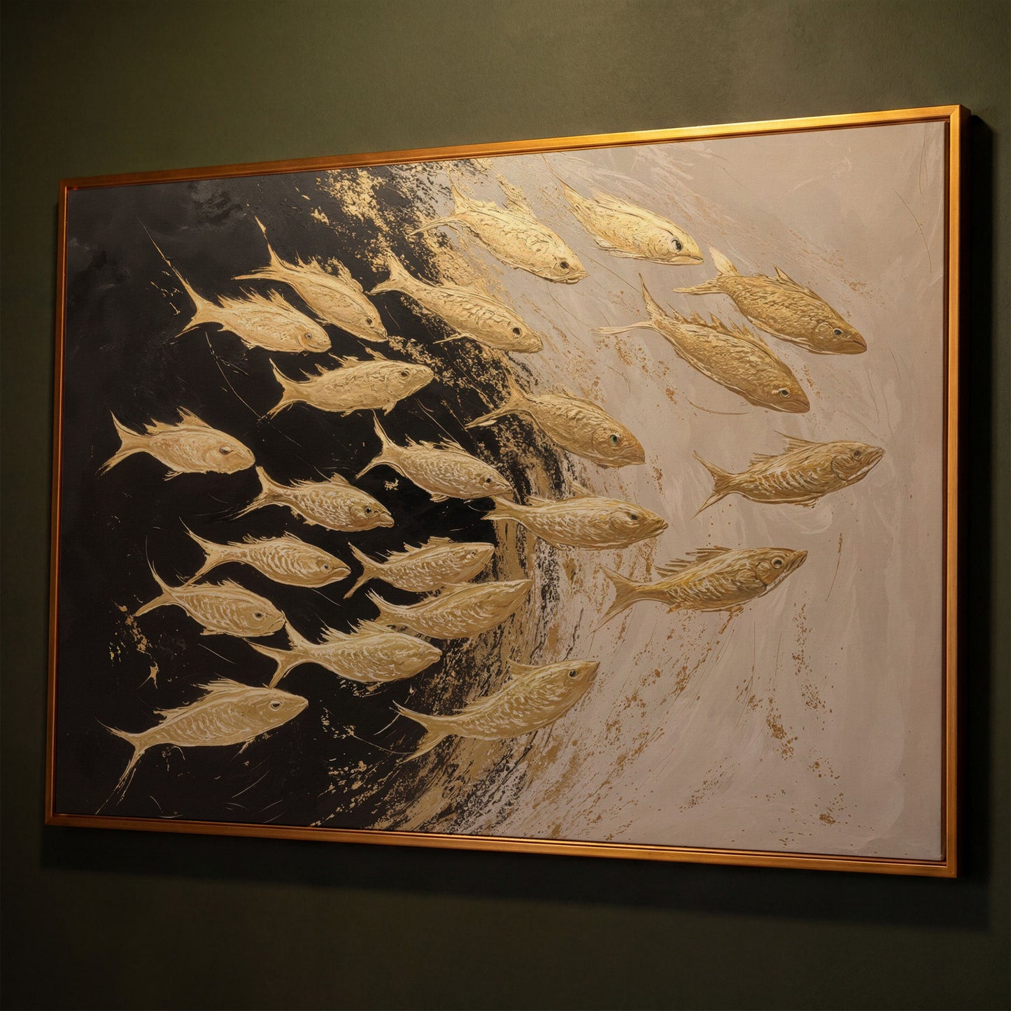 Abstract Gold Fish Canvas Print shown in antique gold floating frame
