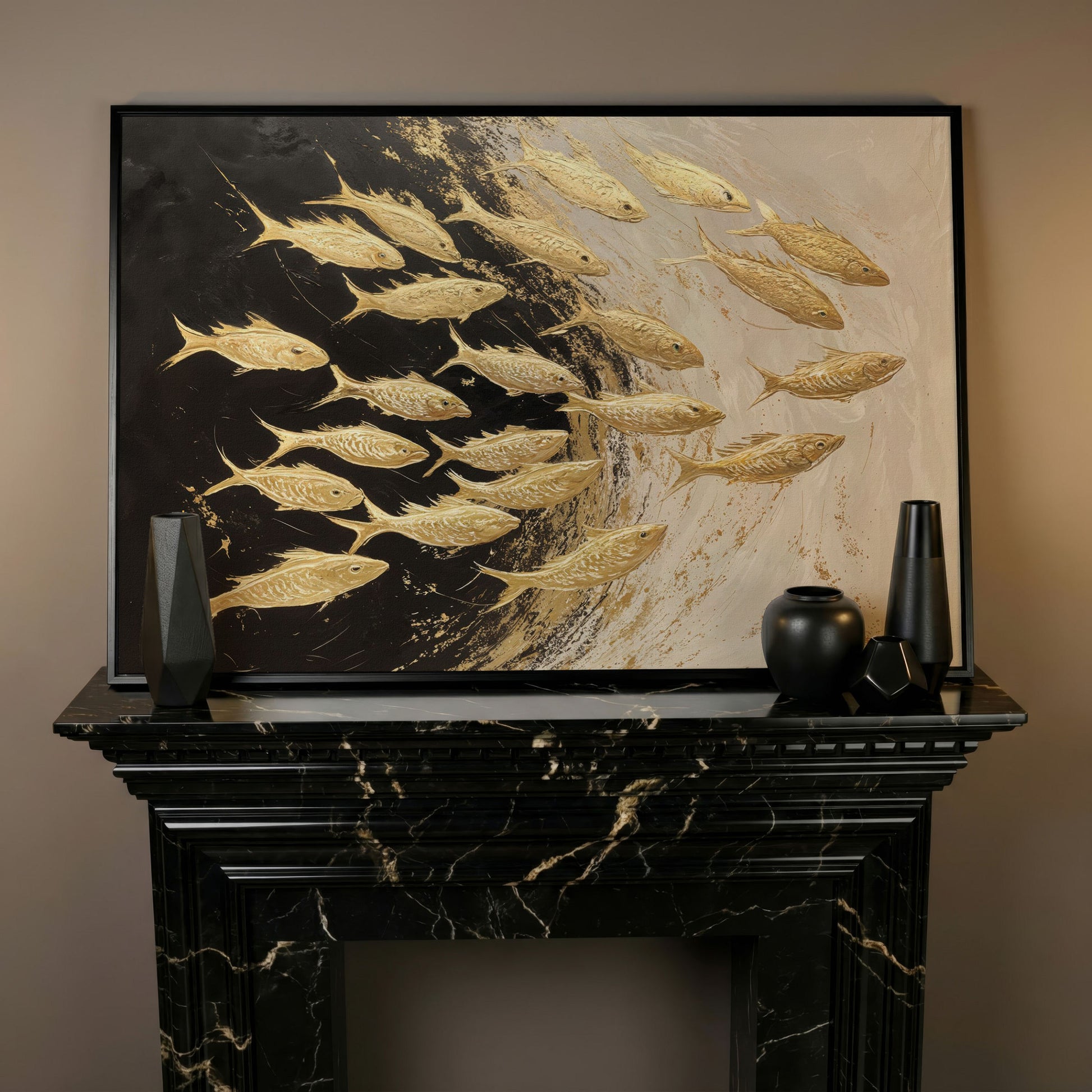 Abstract Gold Fish Canvas Print in black floating frame