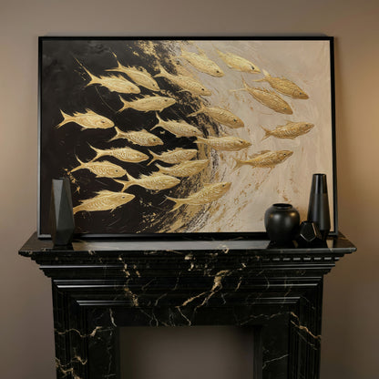 Abstract Gold Fish Canvas Print in black floating frame